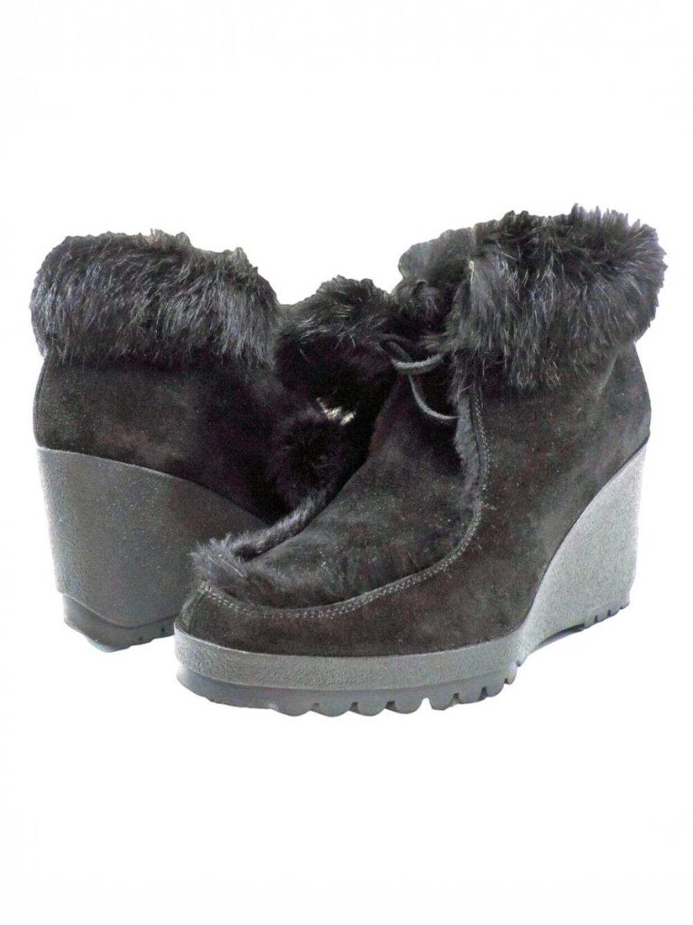 COACH Kataya Black Suede Rabbit Fur Trim Lace Up Wedge Booties